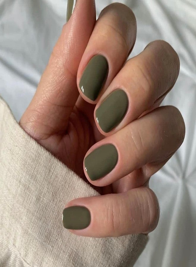 KQueenest Olive Green Press on Nails Short Square, Glazed Acrylic Nails Press on Solid Color, Natural Fake Nails Short, Reusable Stick on Nails for Women Finger Wear 24 Pcs - Image 1